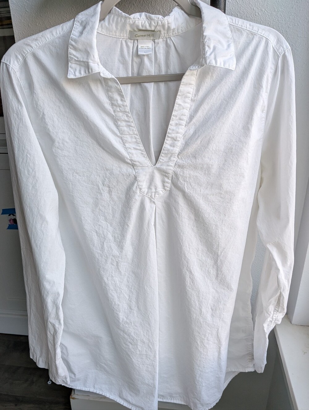 Garnet Hill White 100% Peruvian Cotton Split Neck Tunic Top Blouse Size Large